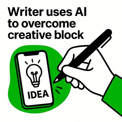 Illustrative Graphic of Writer Using AI to Combat Creative Block