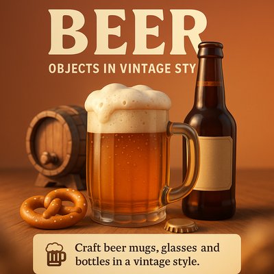 Vintage Style Beer Still Life with Mugs and Bottles