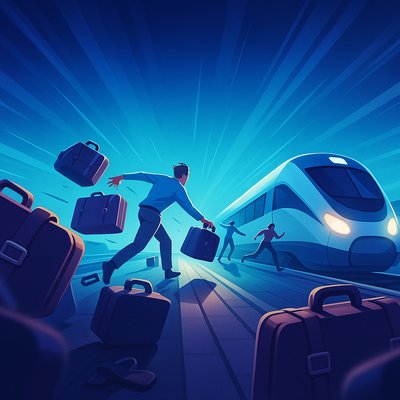 Dynamic Scene of Leaving Emotional Baggage Behind at Train Station