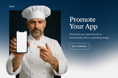 Chef Holding Blue Phone in Culinary Pose with App Promotion