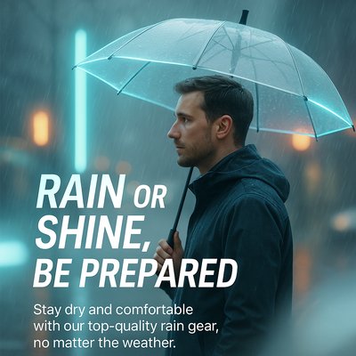 Promotional Image for Rain Gear Featuring Umbrella in Rainy Setting