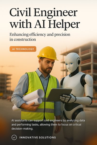 Civil Engineer Collaborating with AI Assistant in Construction
