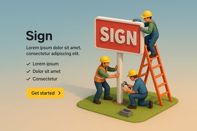 Detailed 3D Scene of Workers Installing a Sign