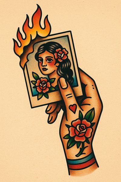 Hand Holding a Flaming Photograph with Tattoo Art