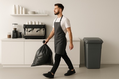 Barista Taking Out Trash in Minimalist Cafe