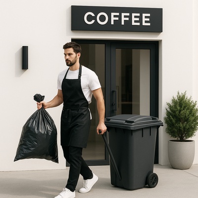 Barista Taking Out Trash in Modern Coffee Shop