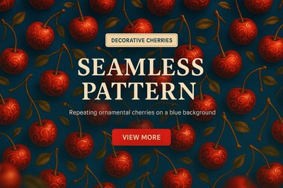 Seamless Decorative Cherry Pattern on Blue Background