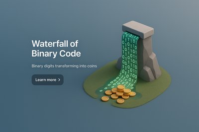 Waterfall of Binary Code Transforming into Coins in 3D