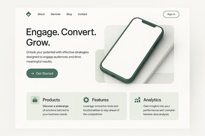 3D Landing Page Design with Green Phone and Modern UI Elements