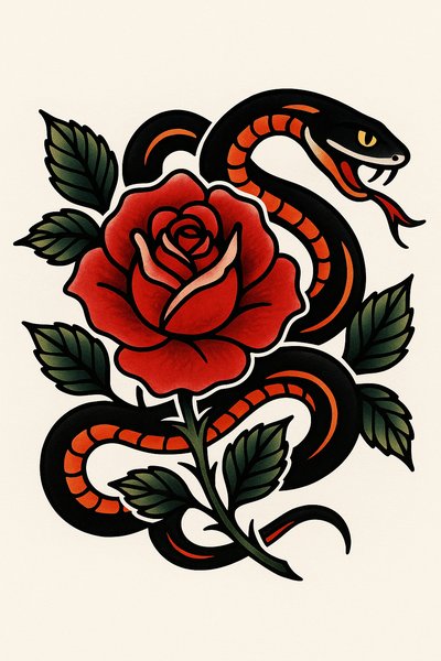 Traditional Tattoo Design Featuring Rose and Snake