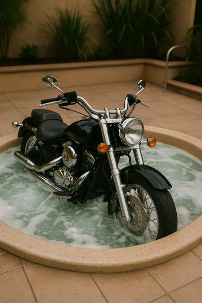Black Motorcycle in a Spa-like Setting