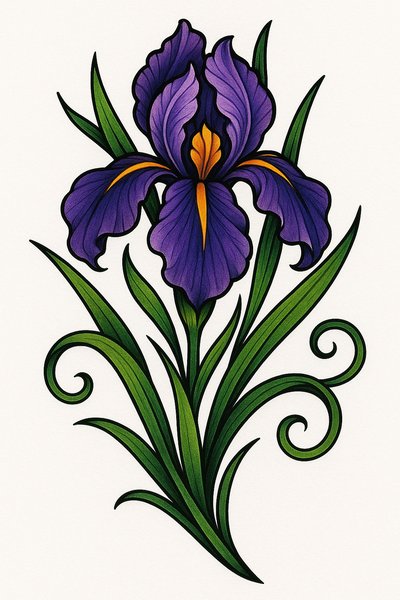 Detailed Illustration of a Purple Iris Flower with Elegant Green Leaves