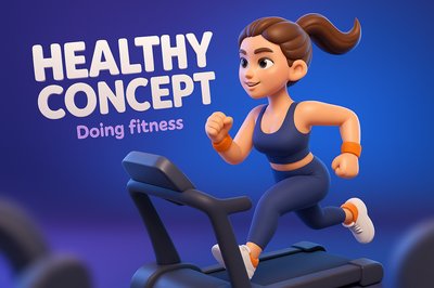 Dynamic Fitness Illustration of a Woman Running on Treadmill