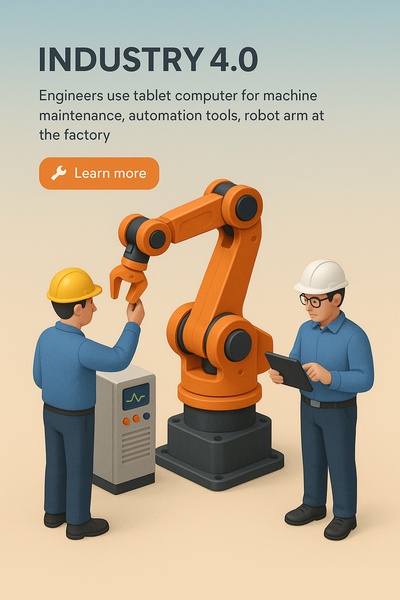 Industry 4.0 Robot Concept with Engineers and Automation Tools