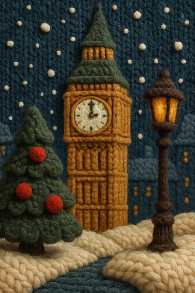 Knitted Big Ben in Snowy Christmas Scene
