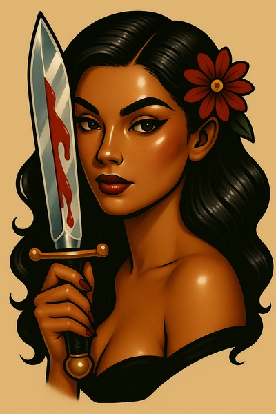 Stylized Tattoo Art of a Woman with a Knife