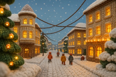Cozy Knitted City Scene in Snow