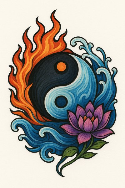 Vibrant Yin Yang Tattoo Design with Elements of Fire and Water