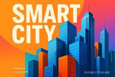 Vibrant Urban Skyline with Bold Text Elements