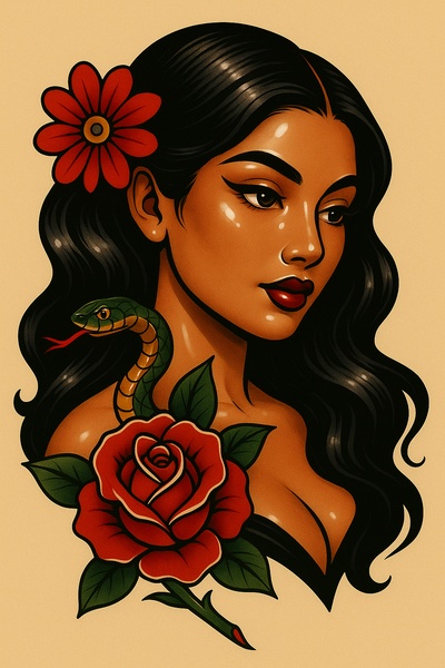 Elegant Tattoo Design Featuring a Woman with a Snake and Rose