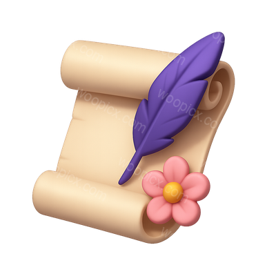 3D Feather and Flower Scroll Icon in Isometric View