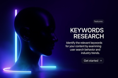 Neon 3D Scene with Keywords Research Focus