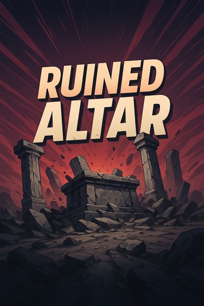 Dynamic Illustration of a Ruined Altar with Bold Text Elements