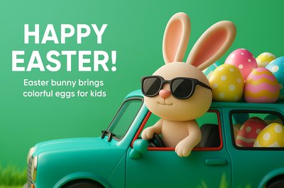 Cute Easter Bunny with Sunglasses in a Colorful Car