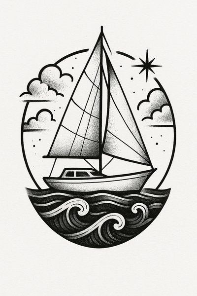 Stylized sailboat illustration with waves and clouds