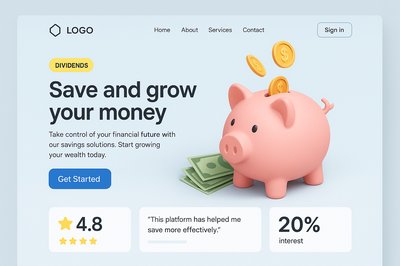 Realistic 3D Piggy Bank Landing Page Design for Financial Growth