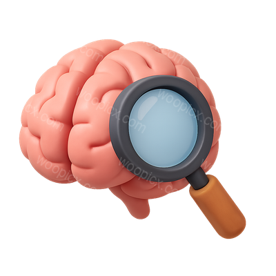 3D Brain Icon with Magnifying Glass in Isometric View