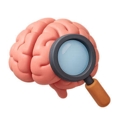 3D Brain Icon with Magnifying Glass in Isometric View