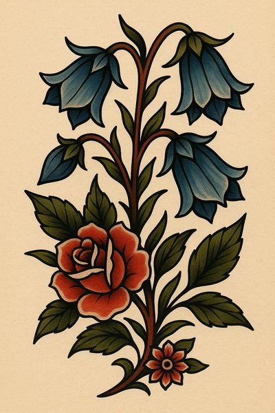 Stylized Floral Tattoo Design with Blue and Red Flowers