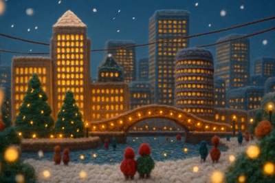 Snowy Canary Wharf Scene with Cozy Holiday Vibes