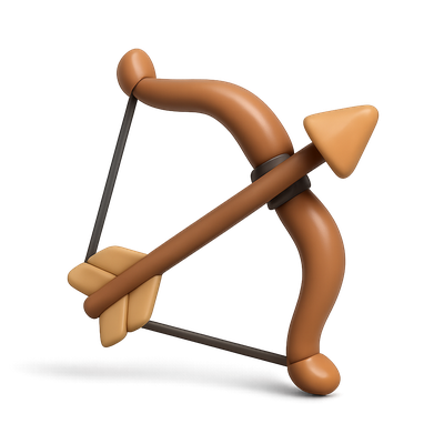 Stylized 3D Bow and Arrow Icon with Isometric Design