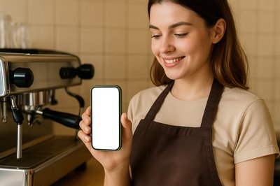 Barista Holding a Phone by Coffee Machine