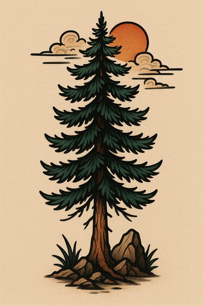 Stylized Pine Tree with Sun and Clouds Illustration