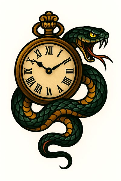 Tattoo style illustration of a clock with a snake