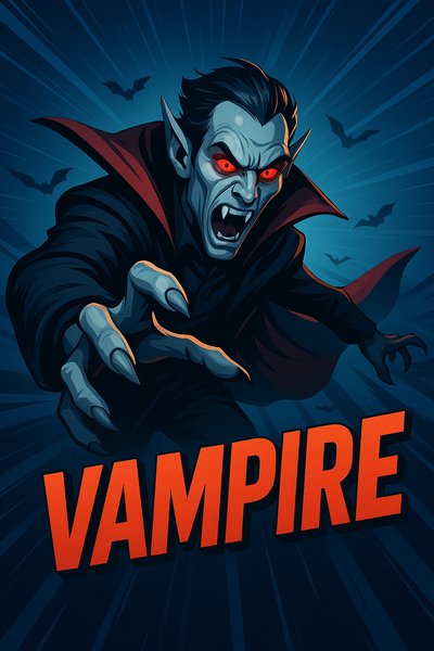 Dynamic Vampire Illustration with Bold Text and Dramatic Colors