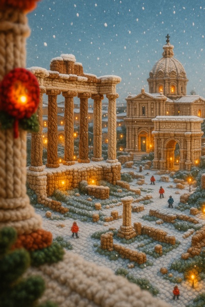 Colorful 3D Scene of Roman Forum Crafted from Yarn