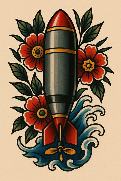Tattoo-style illustration of a bomb surrounded by flowers