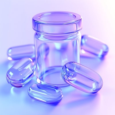 Glass Jar with Blue Capsules on a Soft Background