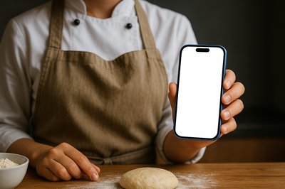Chef Holding a Phone in a Kitchen Setting