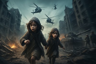 Desolate Cityscape with Homeless Children Amid Conflict
