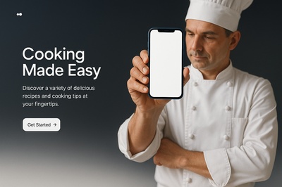 Chef Holding a Blue Phone with Cooking Tips Display
