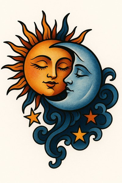 Artistic Illustration of Sun and Moon with Stylized Elements