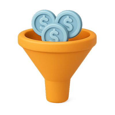 3D Funnel with Coins Symbolizing Revenue Generation