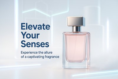 Elegant Fragrance Advertisement Featuring Modern Perfume Bottle