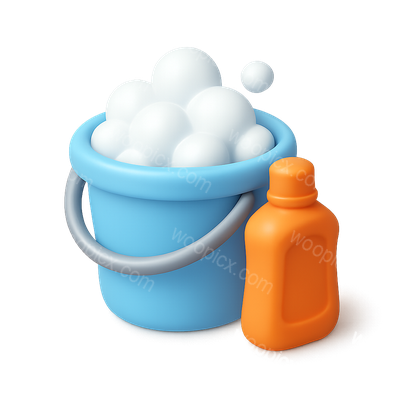 3D Bubble Bucket Icon with Bottle and Bubbles