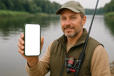 Fisherman Holding Phone by the Water's Edge